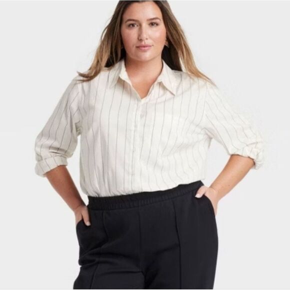 A New Day Womens Cream Striped Shirt Xxl Striped Blouse Black Pattern Top As Is - Picture 1 of 14